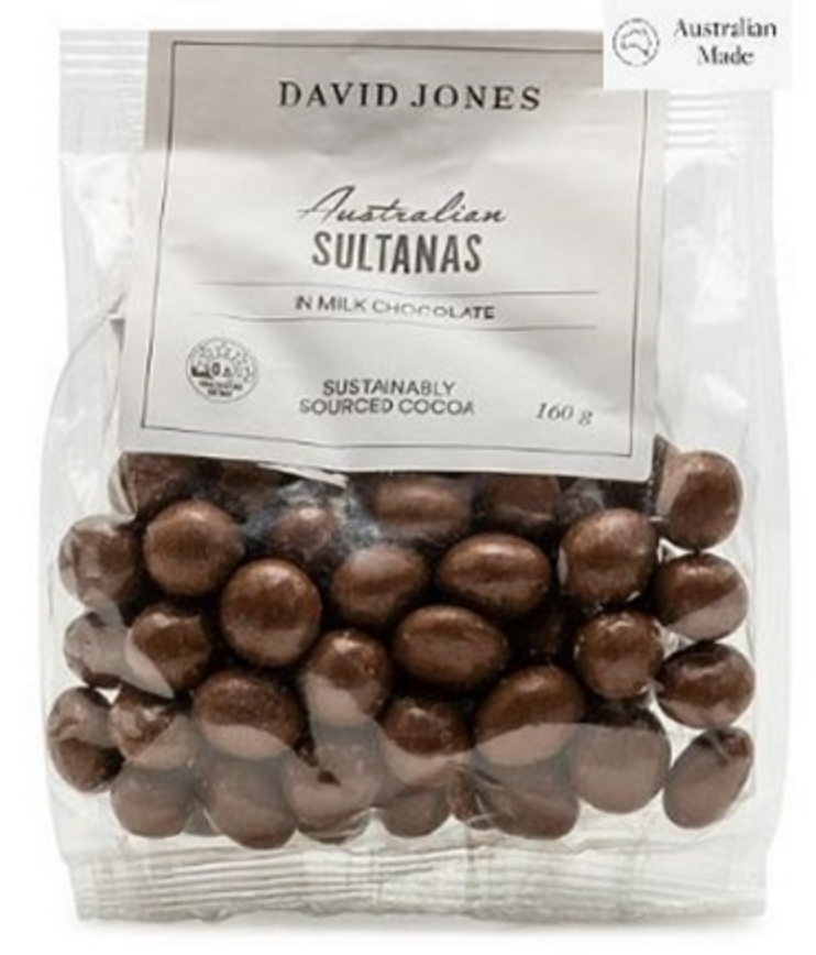 David Jones Australian Sultanas in Milk Chocolate 160g NSW Food Authority